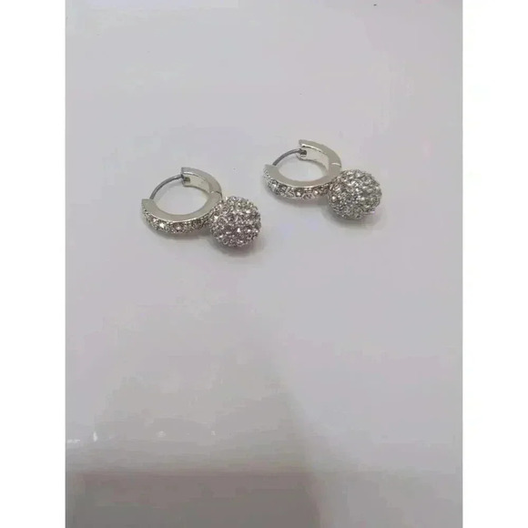 Monet Silvertone Crystal Rhinestone Ball Drop Hoop Earrings - Picture 1 of 5